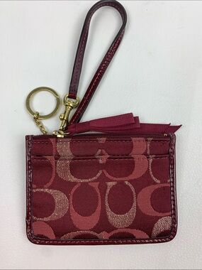 Coach Burgundy Signature Wristlet Card Case Keychain Rose Gold Logo Accent NEW